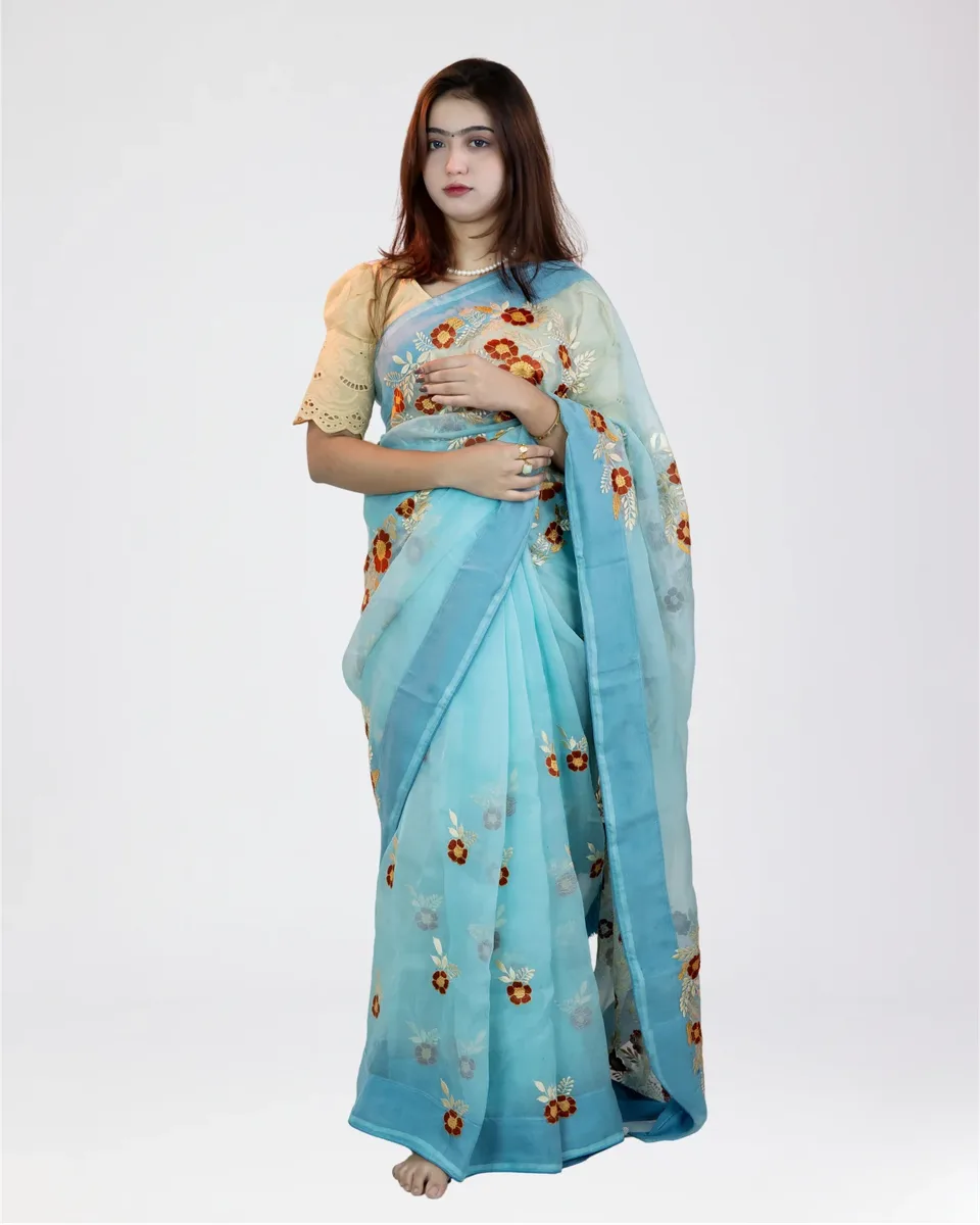 > Premium Sky Blue Floral Embroidered Organza Saree for Women >