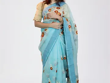 > Premium Sky Blue Floral Embroidered Organza Saree for Women >
