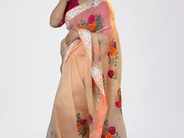 Premium Peach Floral Embroidered Organza Saree for Women >