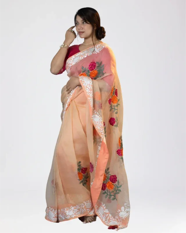 Premium Peach Floral Embroidered Organza Saree for Women >