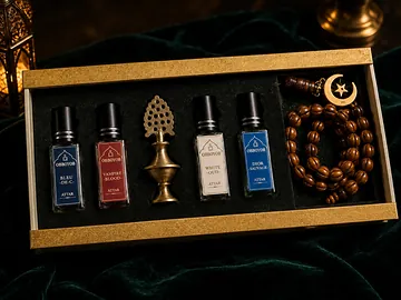 Premium Attar Gift Set – 4 Fragrance,surma-dani & Tasbi.