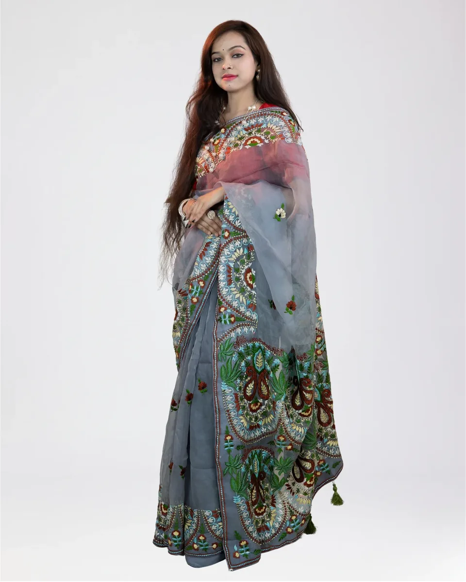 Premium Grey Organza Saree with Heavy Multicolored Embroidery Work