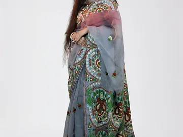 Premium Grey Organza Saree with Heavy Multicolored Embroidery Work