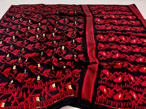 Black & Red Combination Cotton jamdani Saree