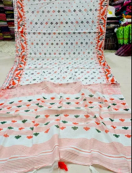 White & Orange Skin Print Saree