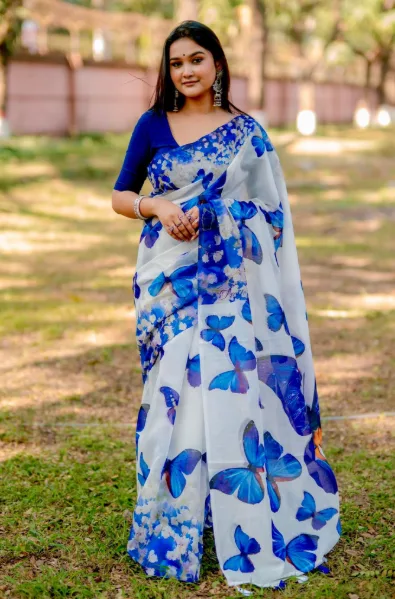 Blue & White combination Chanduri Silk Saree