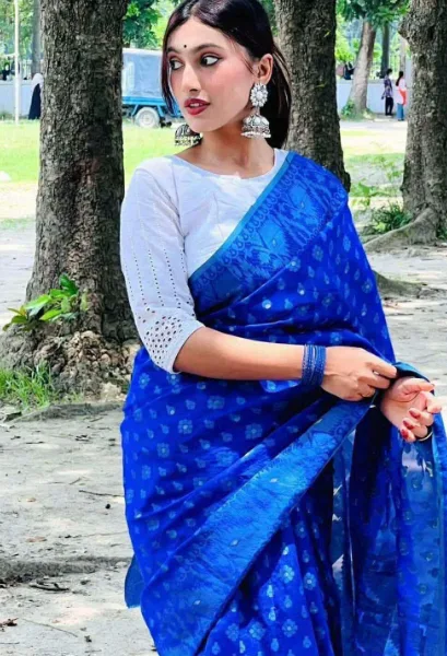 Blue Color Tat Silk Jamdani Saree