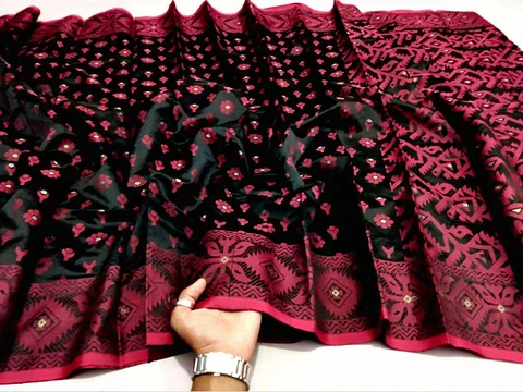 Balck & Red combination Tat Silk Jamdani saree