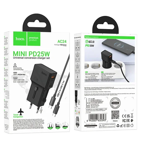 Hoco AC24 Mini PD 25W Universal Travel Charger | with Type-C to Type-C Cable