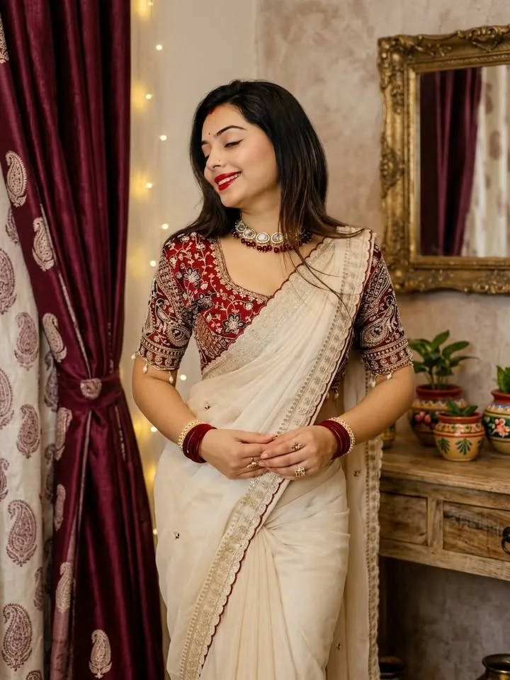 White Gorgious Sharee with Read  jari worked Blouse