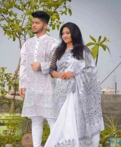 ব্লক প্রিন্ট কাপল ড্রেস শাড়ী এন্ড পাঞ্জাবী বিক্রি করা হবে