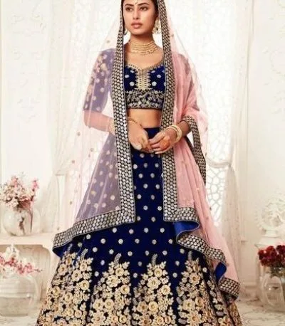 Blue velvet lehenga for sale